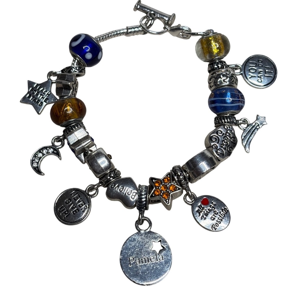 Inspirational Celestial Charm Bracelet Silver Tone Pamela Star‎ Moon Toggle 8.5"